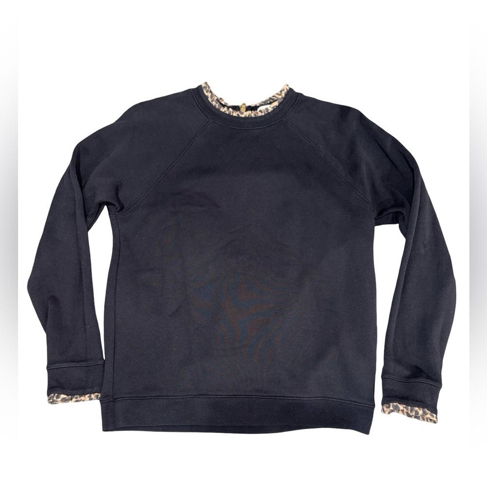 J.Crew Black Crewneck Sweatshirt Leopard Trim 100% Cotton Size M Basics Cozy